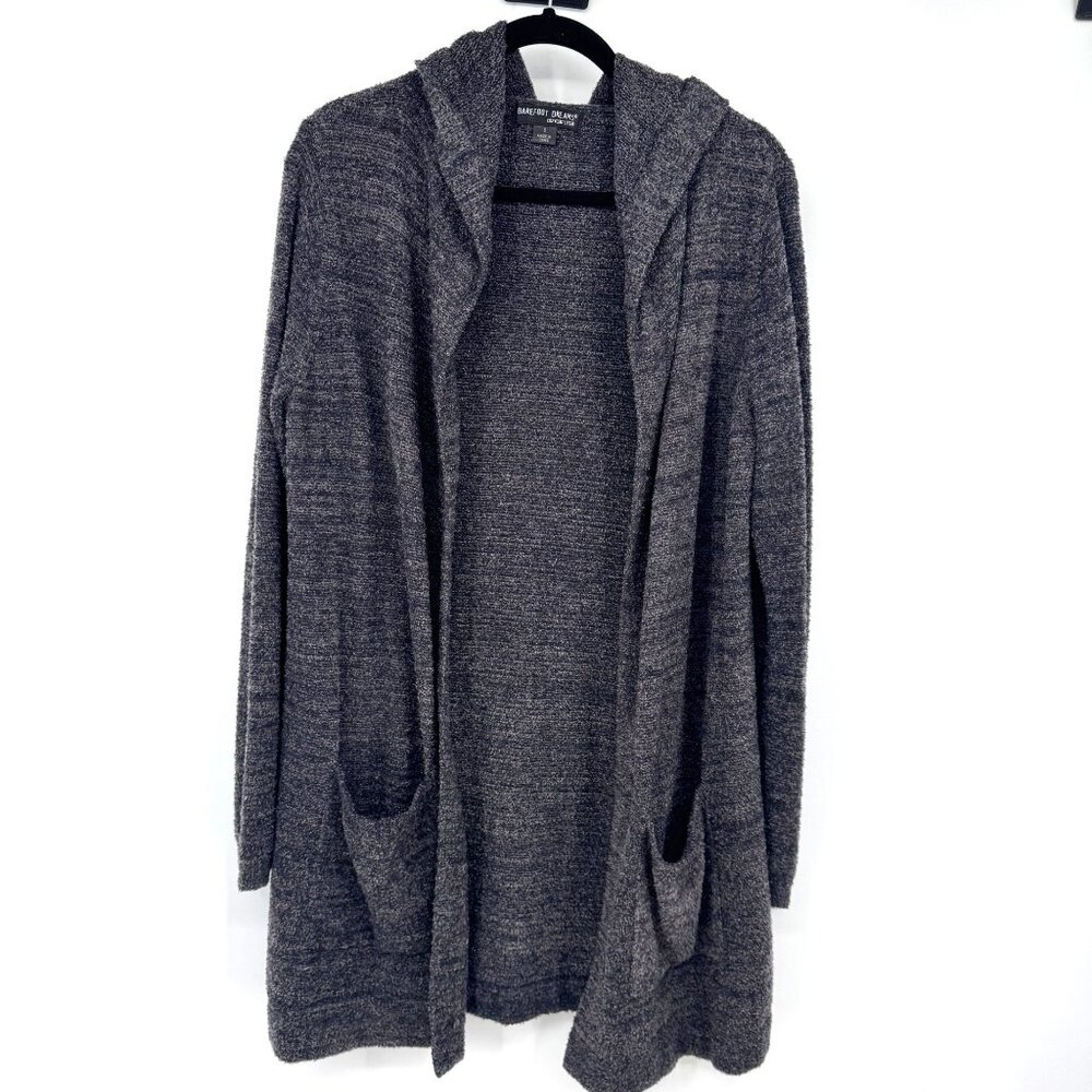 Barefoot Dreams CozyChic Lite Gray Hooded Open Cardigan With Pockets Size S